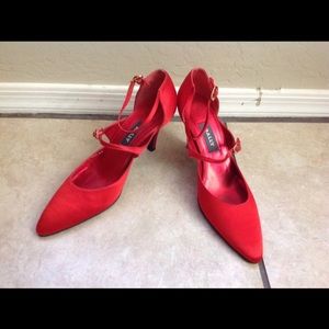 Never used classic red satin BALLY shoes .